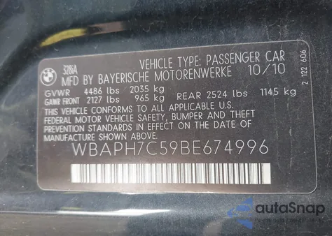 2011 BMW 328I из США, поврежденный, VIN WBAPH7C59BE674996